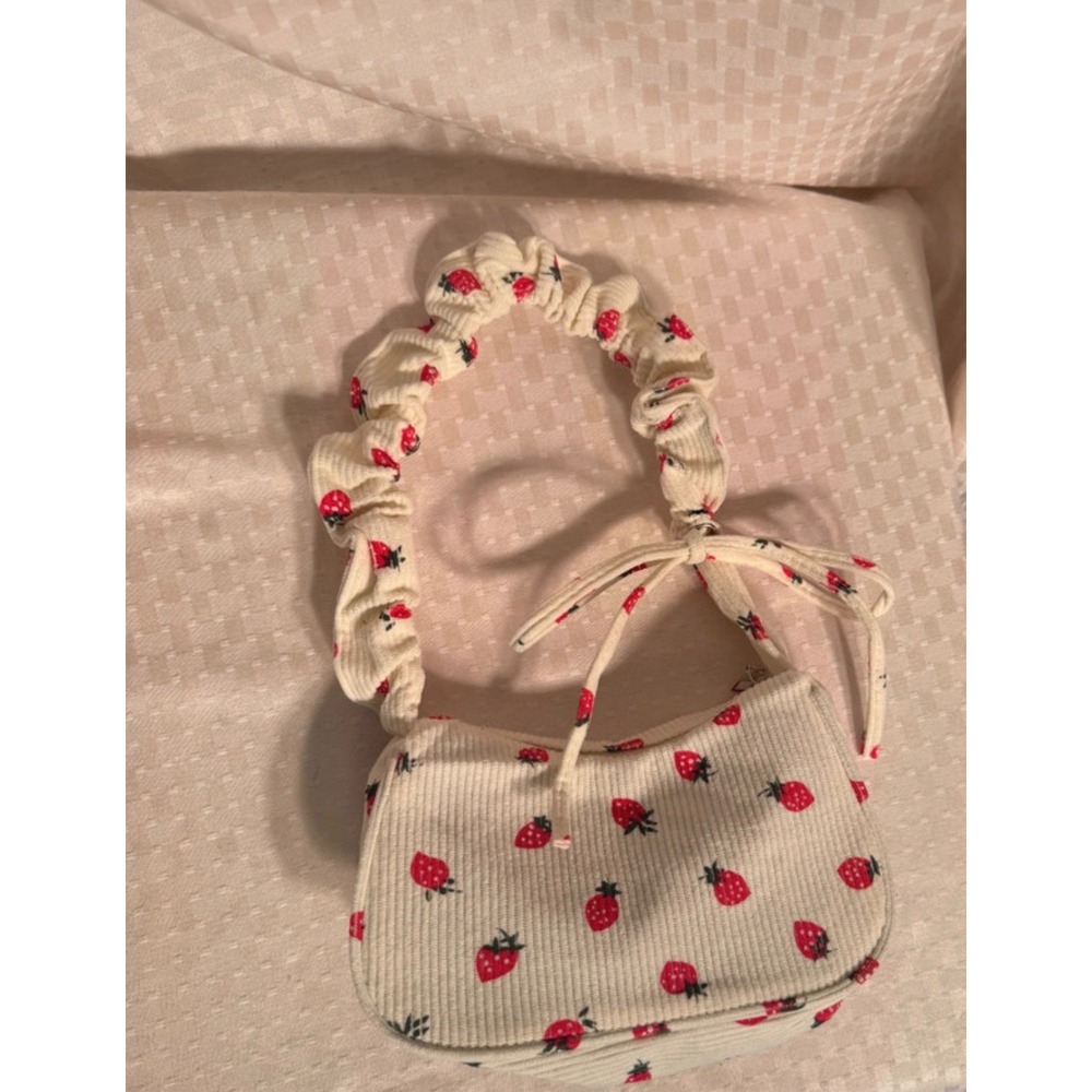 Strawberry Print Corduroy Shoulder Bag Cream Ruched Handle Bag Mini - Picture 3 of 6